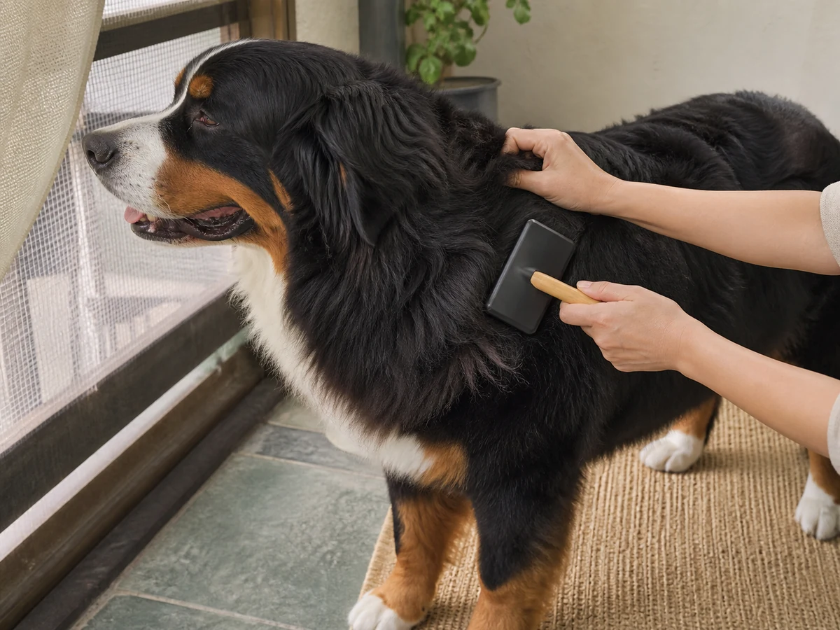 照護者在窗邊替側身站立的伯恩山犬梳理被毛的生成式示意情境