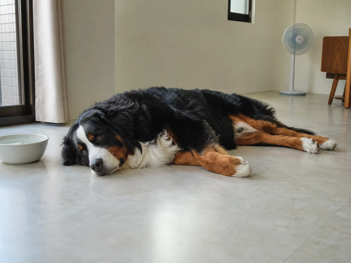 伯恩山犬側躺在室內磁磚地面，旁邊有水碗與遠處電風扇的生成式示意情境