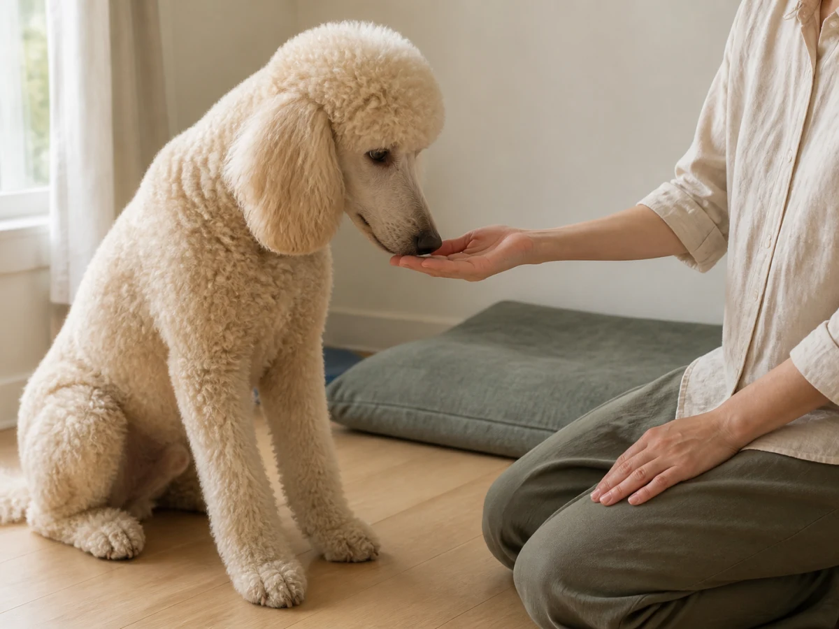 貴賓犬將鼻子靠近照護者空掌的生成式觀察情境