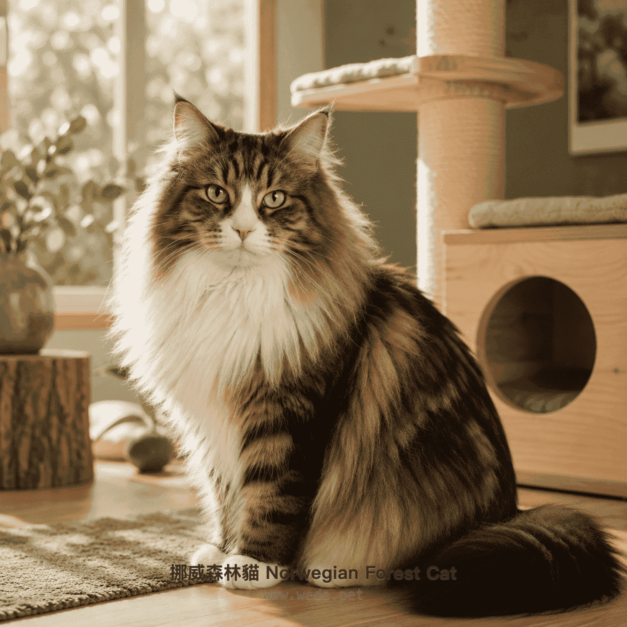 挪威森林貓 Norwegian Forest Cat 在貓樹旁坐著