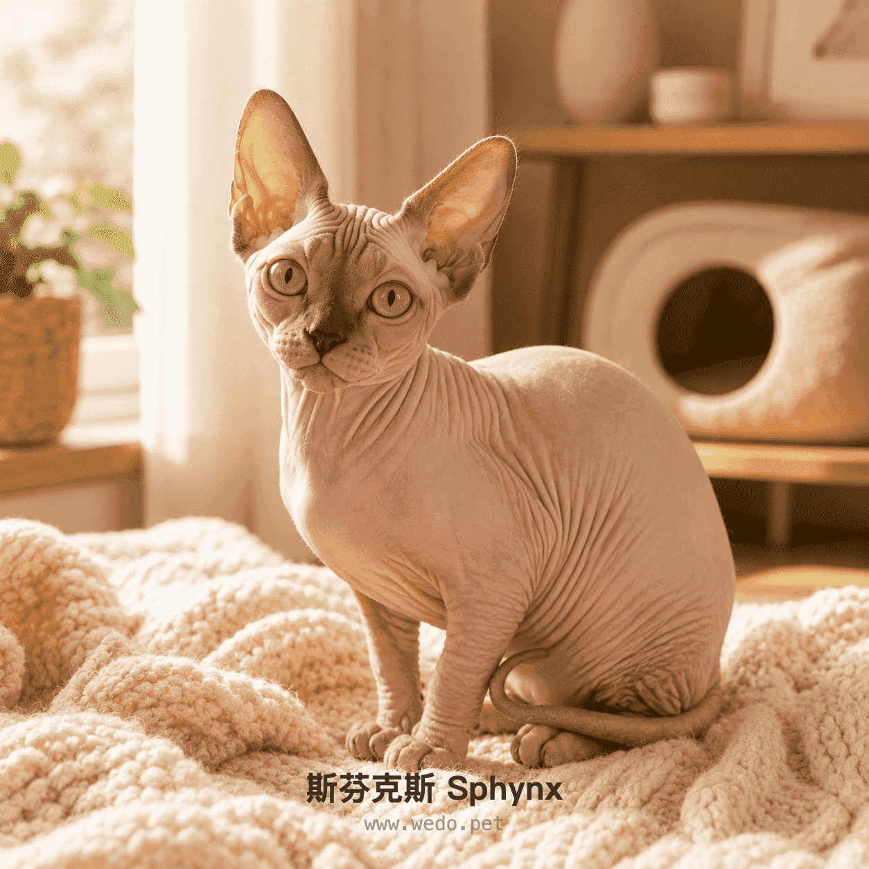 斯芬克斯 Sphynx 在溫暖毯子上坐著