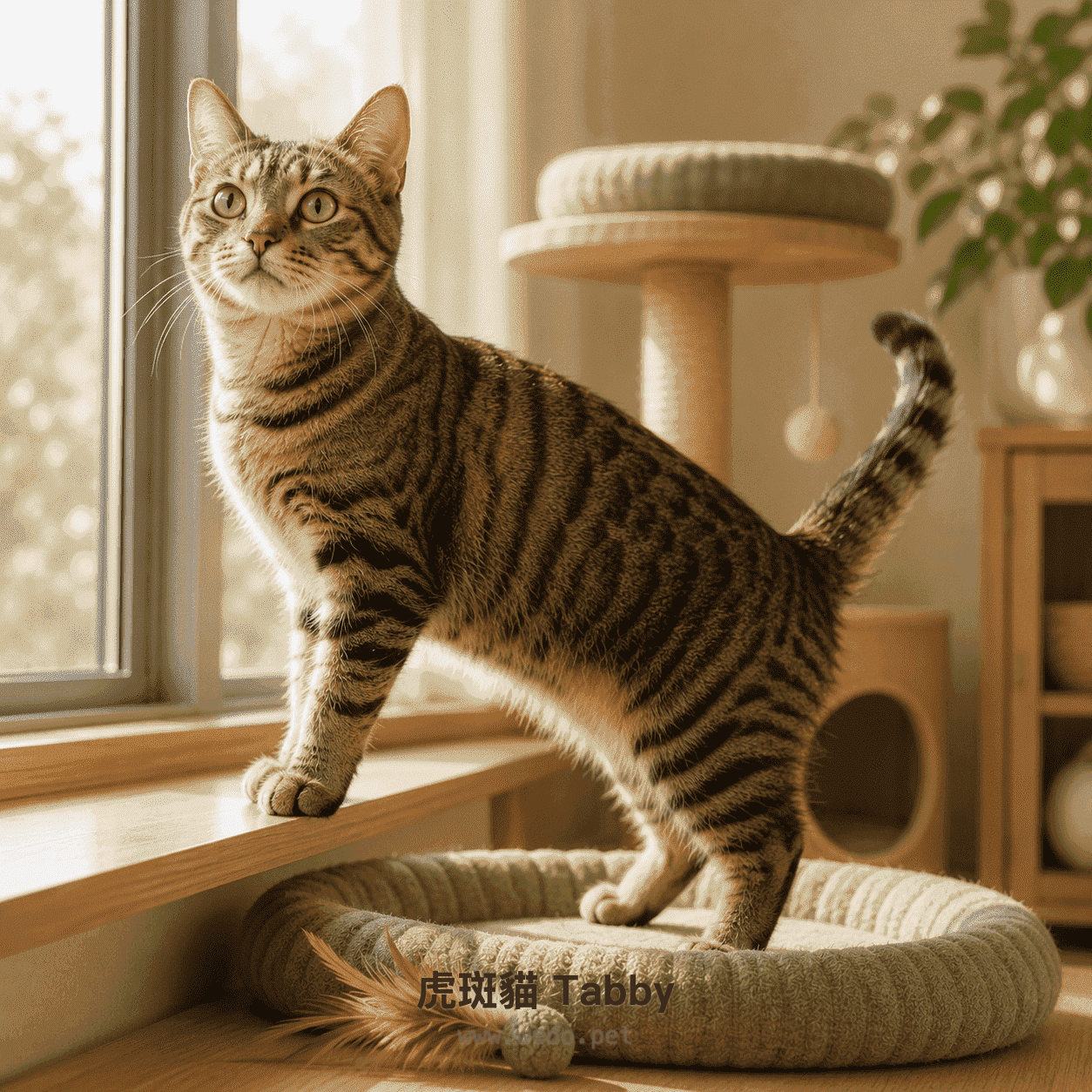 虎斑貓 Tabby 在窗邊探索