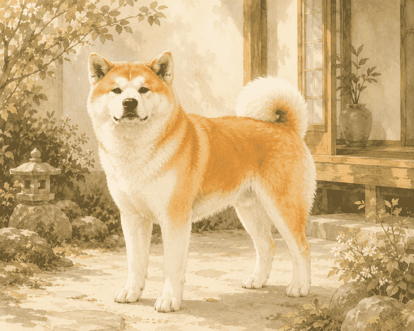 秋田犬站在日式庭院前，呈現大型厚毛、寬胸、粗尾巴與沉穩表情