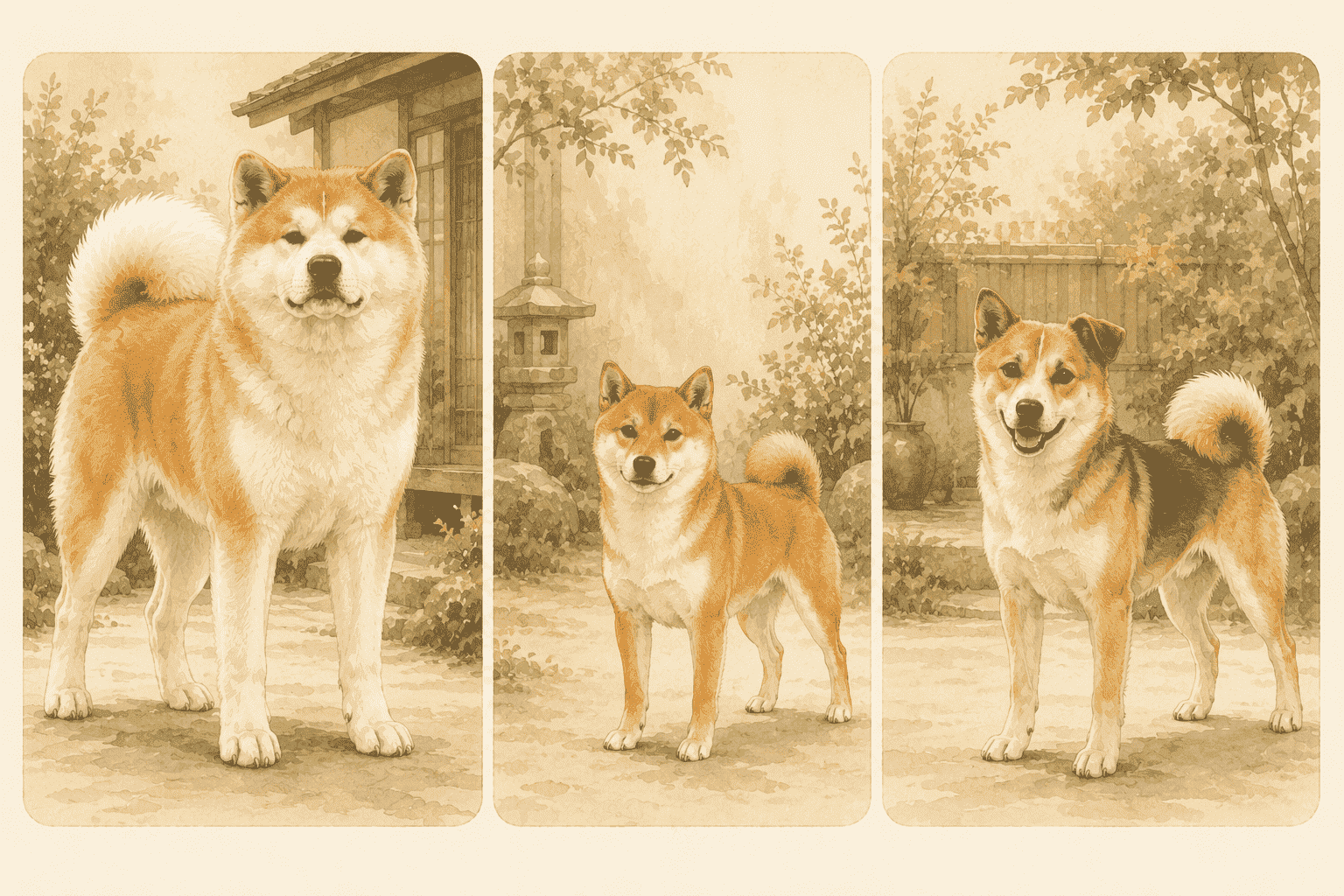 秋田犬、柴犬與柴犬混種的三分割比較插畫，呈現大型沉穩、精實靈巧與混種特徵多變的差異