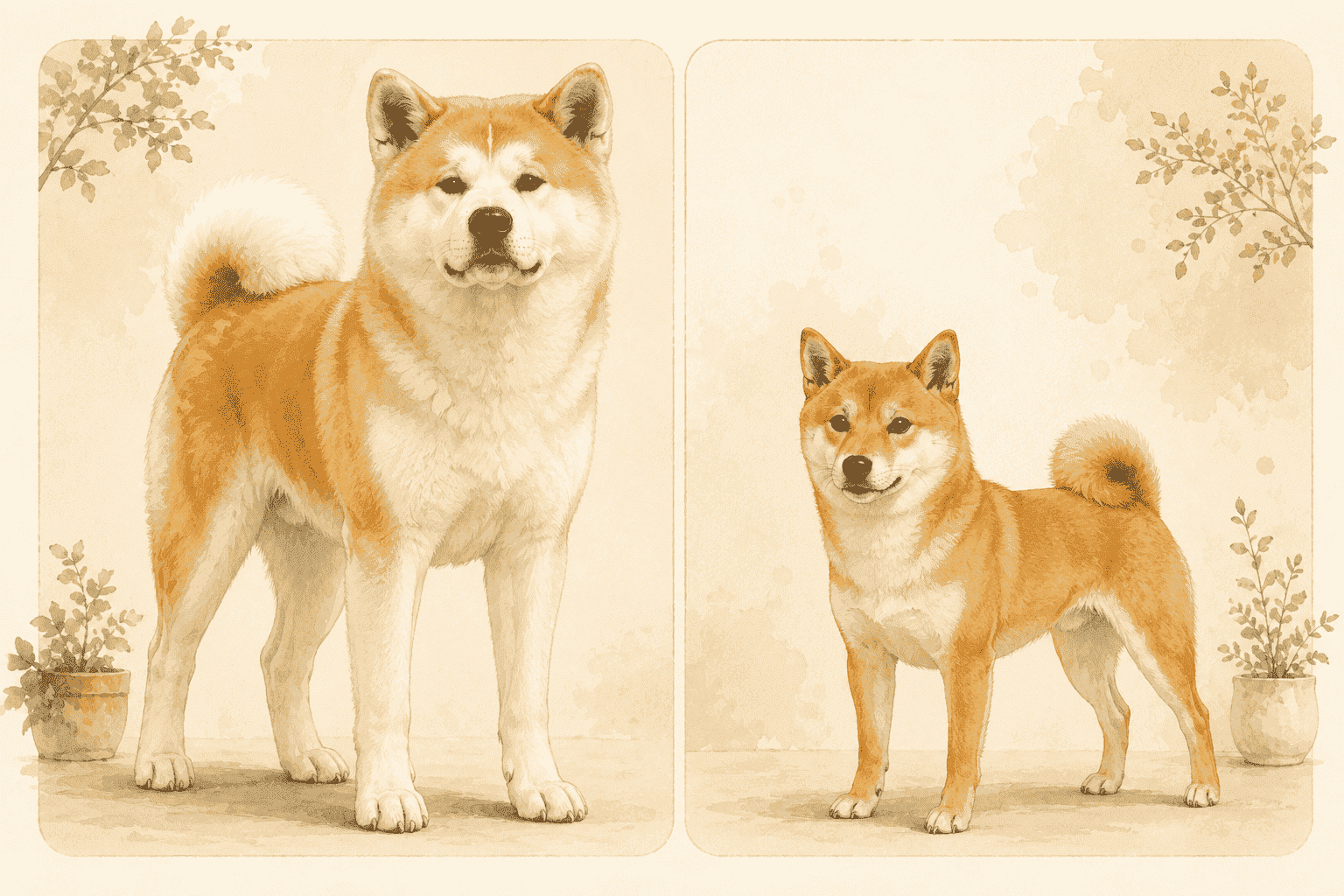 秋田犬 vs 柴犬比較圖,呈現秋田犬大型沉穩與柴犬中小型靈巧的差異