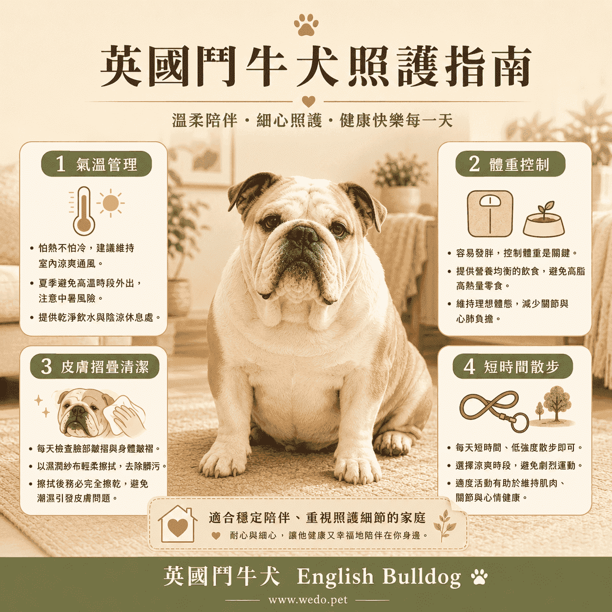 英國鬥牛犬照護指南資訊圖卡，整理氣溫管理、體重控制、皮膚清潔與短時間散步