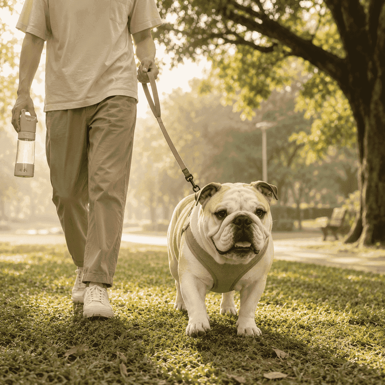 英國鬥牛犬在樹蔭下短時間散步，呈現氣溫管理與低強度運動