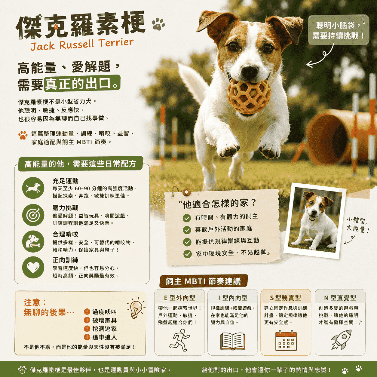 傑克羅素梗 Jack Russell Terrier 重點圖解，整理高能量、益智挑戰、合理啃咬與飼主 MBTI 節奏建議