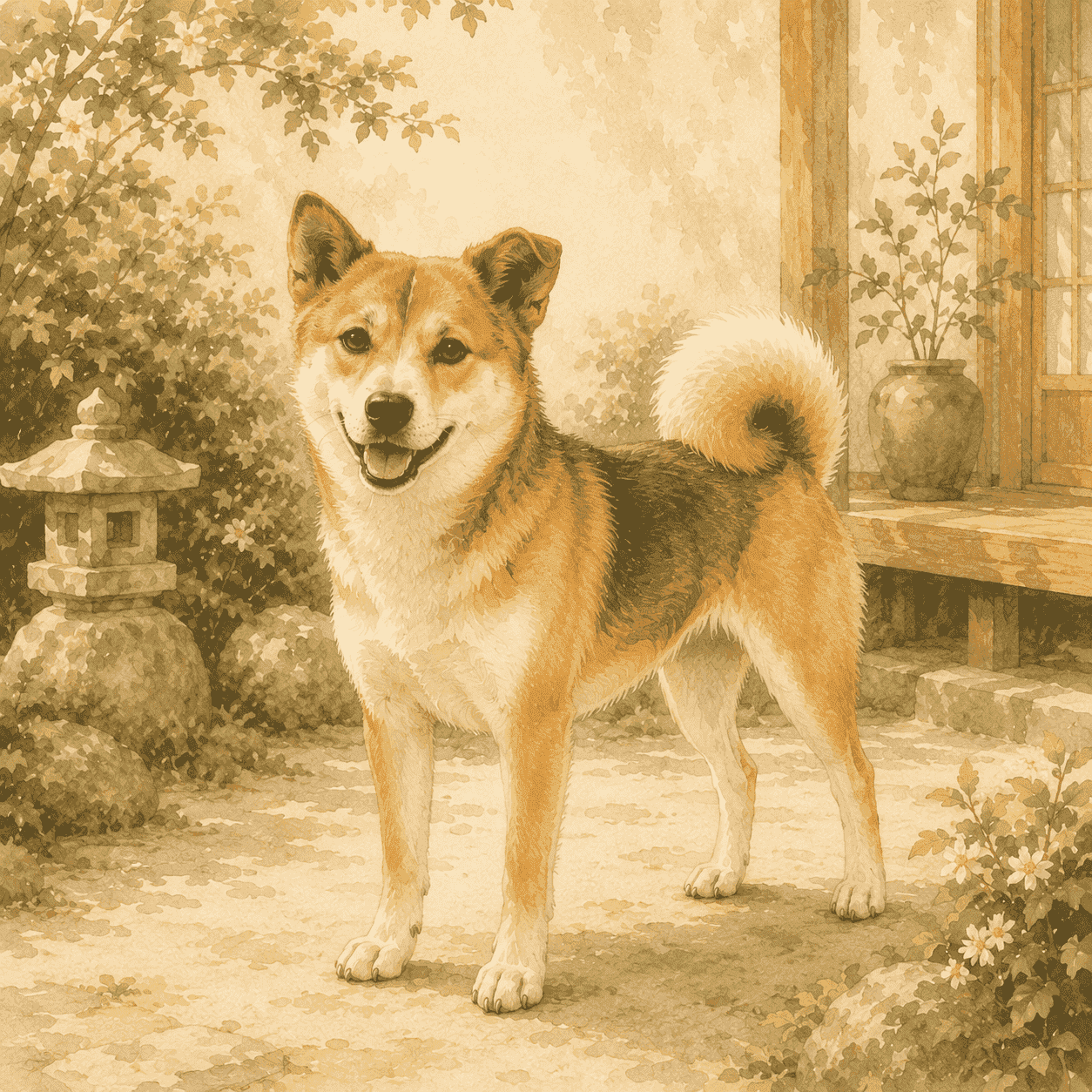 柴犬混種站在庭院中，呈現混合毛色、耳型差異、高捲尾與親人表情