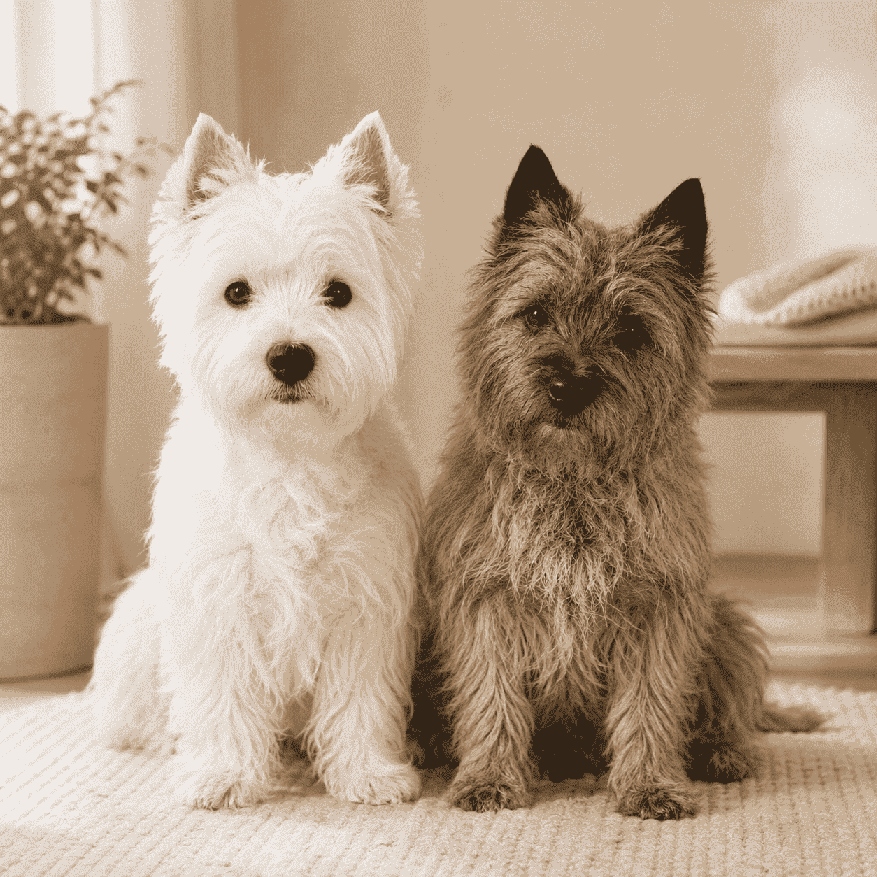 西高地白㹴與凱恩㹴在溫暖室內並排坐著，代表 Westie 與 Cairn Terrier 比較頁