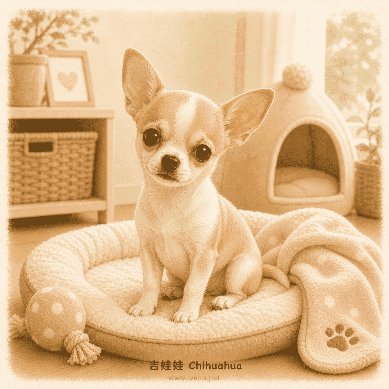 吉娃娃 Chihuahua 可愛插畫,在溫暖室內睡床上休息