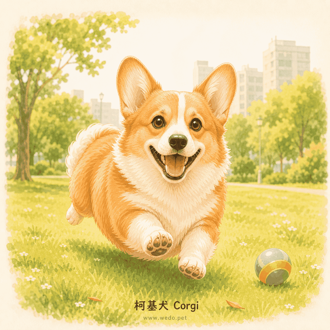 柯基犬 Corgi 可愛插畫,在城市公園草地奔跑