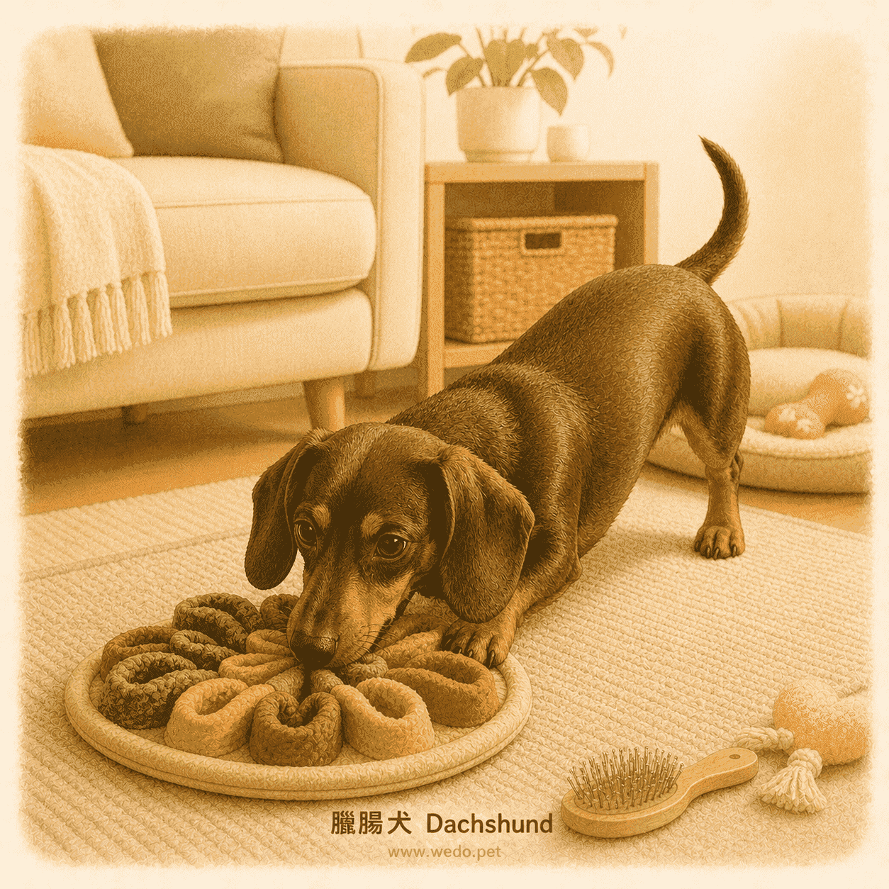 臘腸犬 Dachshund 可愛插畫,在室內嗅聞玩具上探索