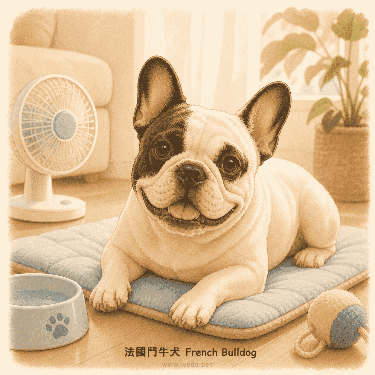 法國鬥牛犬 French Bulldog 可愛插畫,在室內冷墊上休息