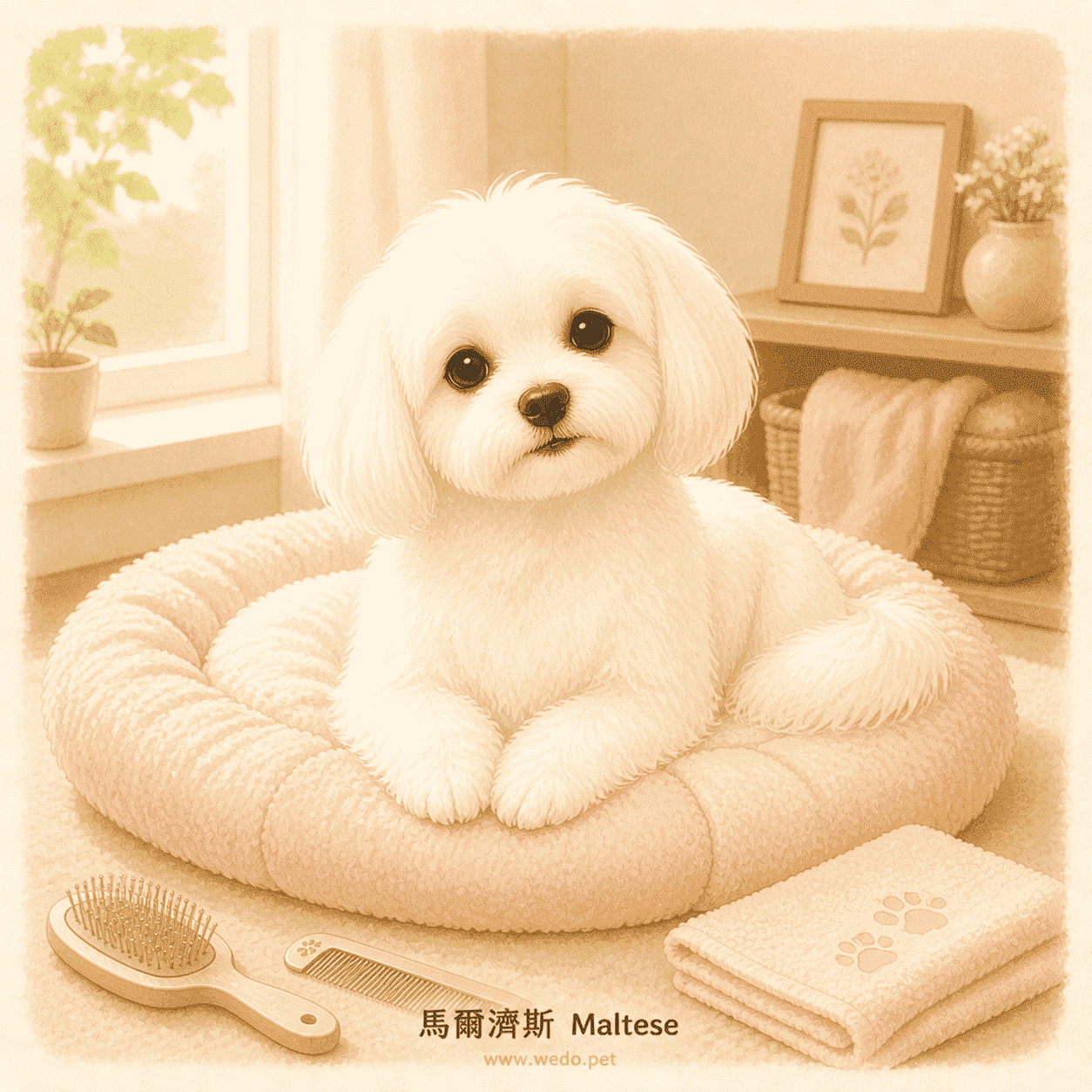 馬爾濟斯 Maltese 可愛插畫,在粉色睡床上休息並搭配梳毛用品