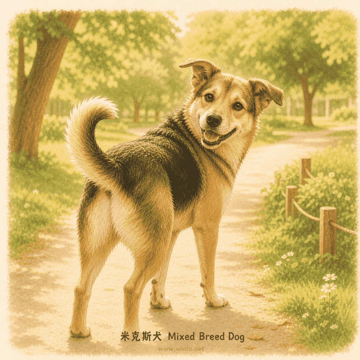 米克斯犬 Mixed Breed Dog 可愛插畫,在公園步道回頭微笑