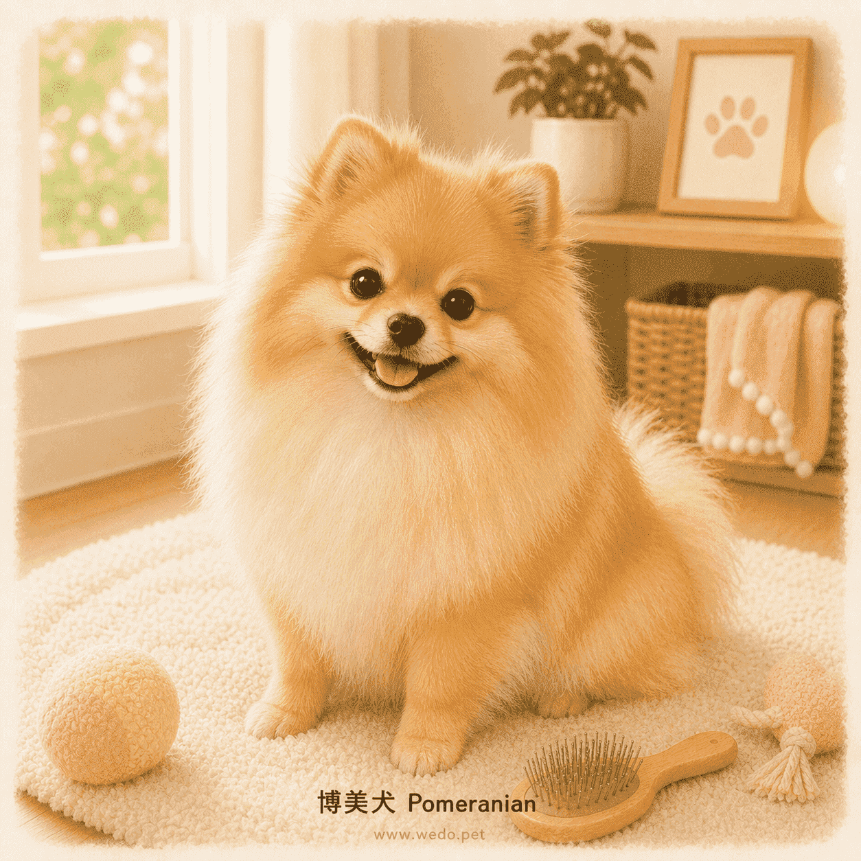 博美犬 Pomeranian 可愛插畫,在溫暖室內與玩具和梳毛刷同框