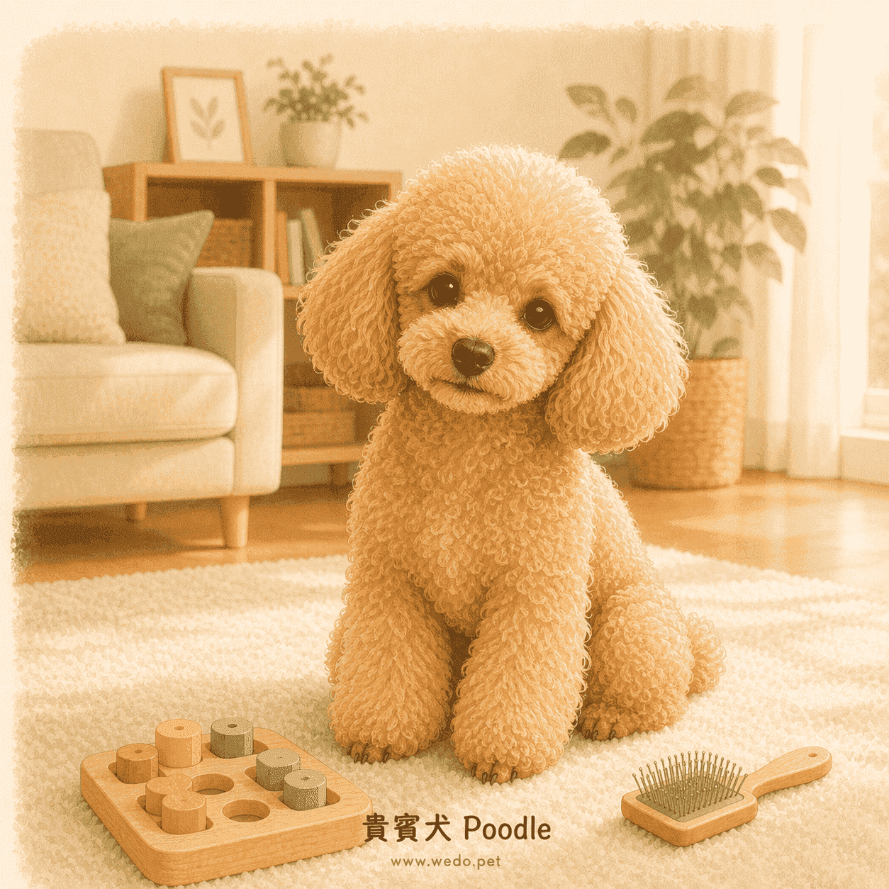 貴賓犬 Poodle 可愛插畫,在客廳與益智玩具和梳毛刷同框