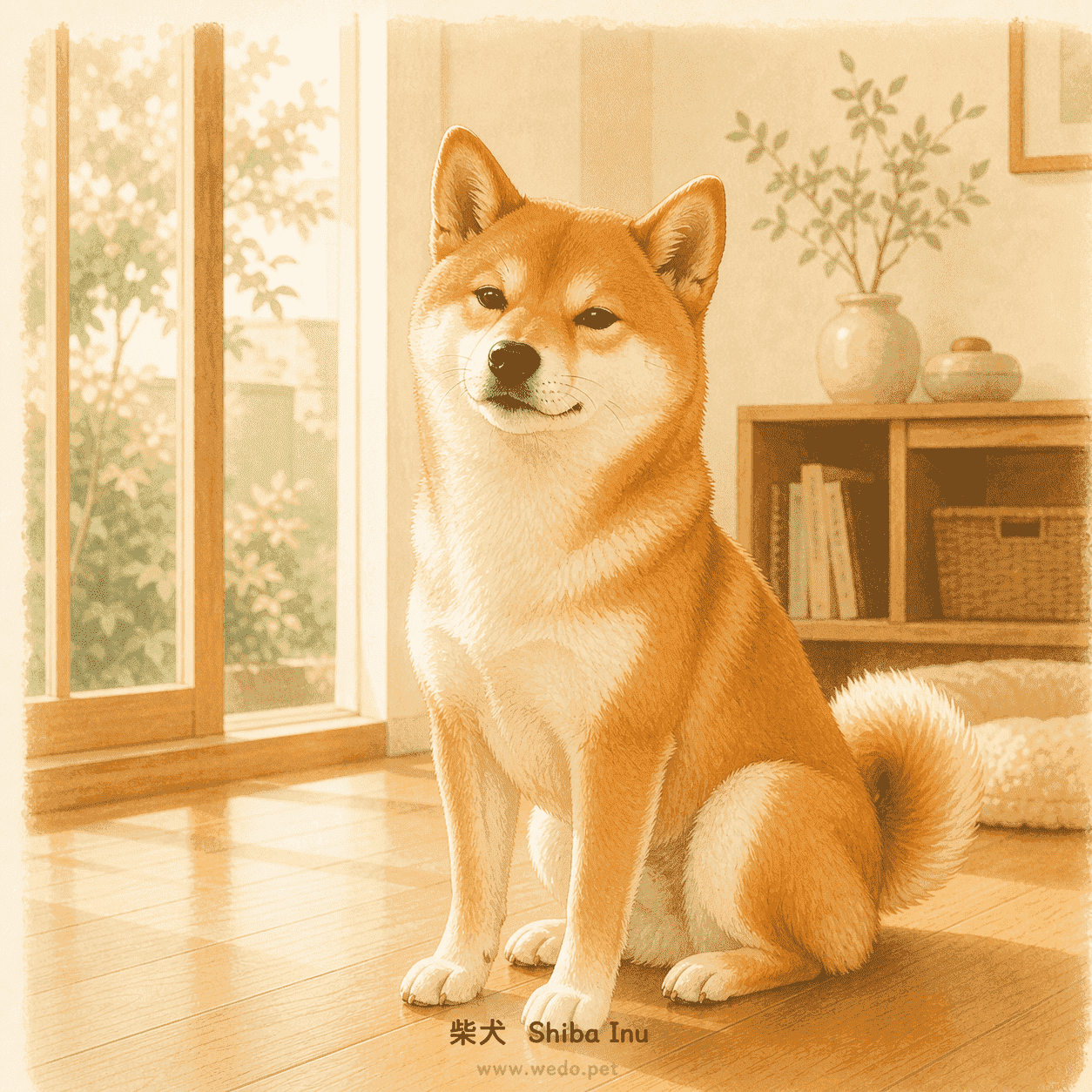 柴犬 Shiba Inu 可愛插畫,在溫暖室內陽光旁坐著