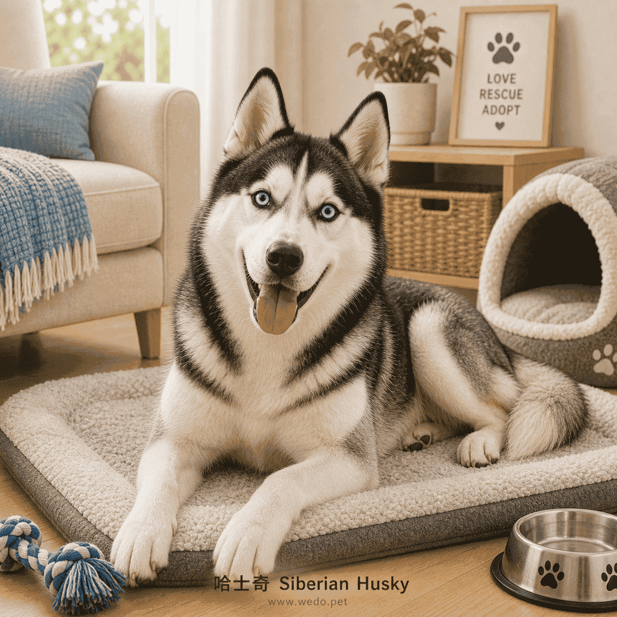 哈士奇 Siberian Husky 可愛插畫,在室內睡墊上休息