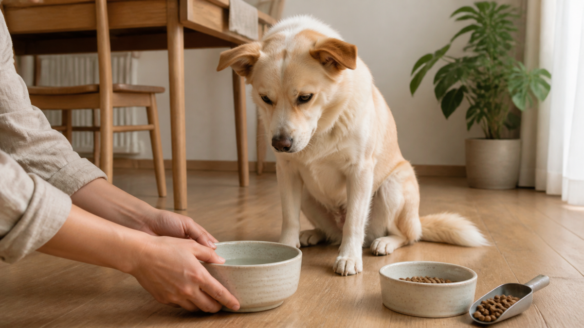 家中餵食後，飼主觀察狗狗食慾與精神的日常情境