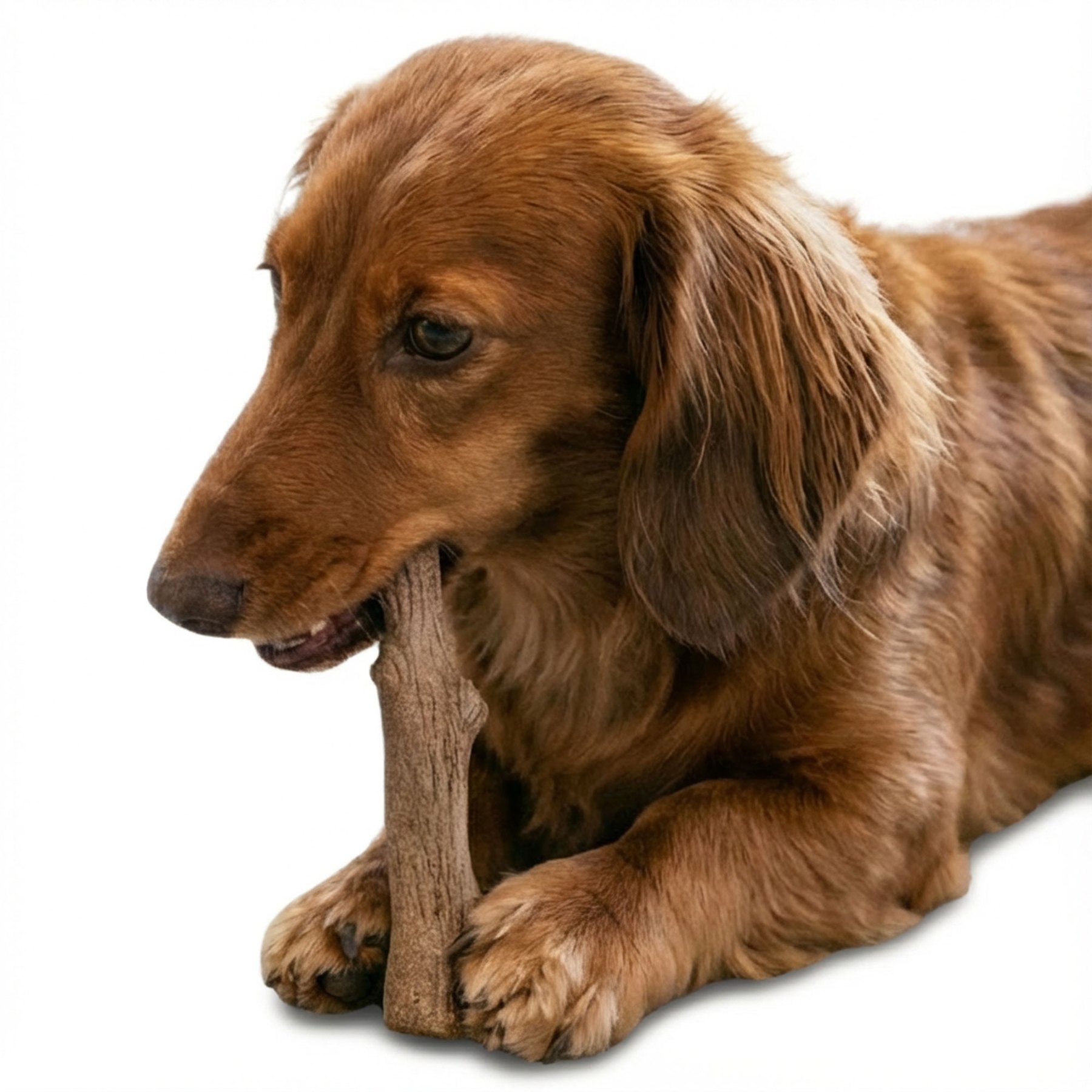 臘腸犬趴在地毯上啃咬木紋玩具