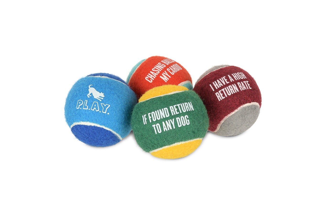 白底上的四顆 P.L.A.Y. Dog Tennis Balls