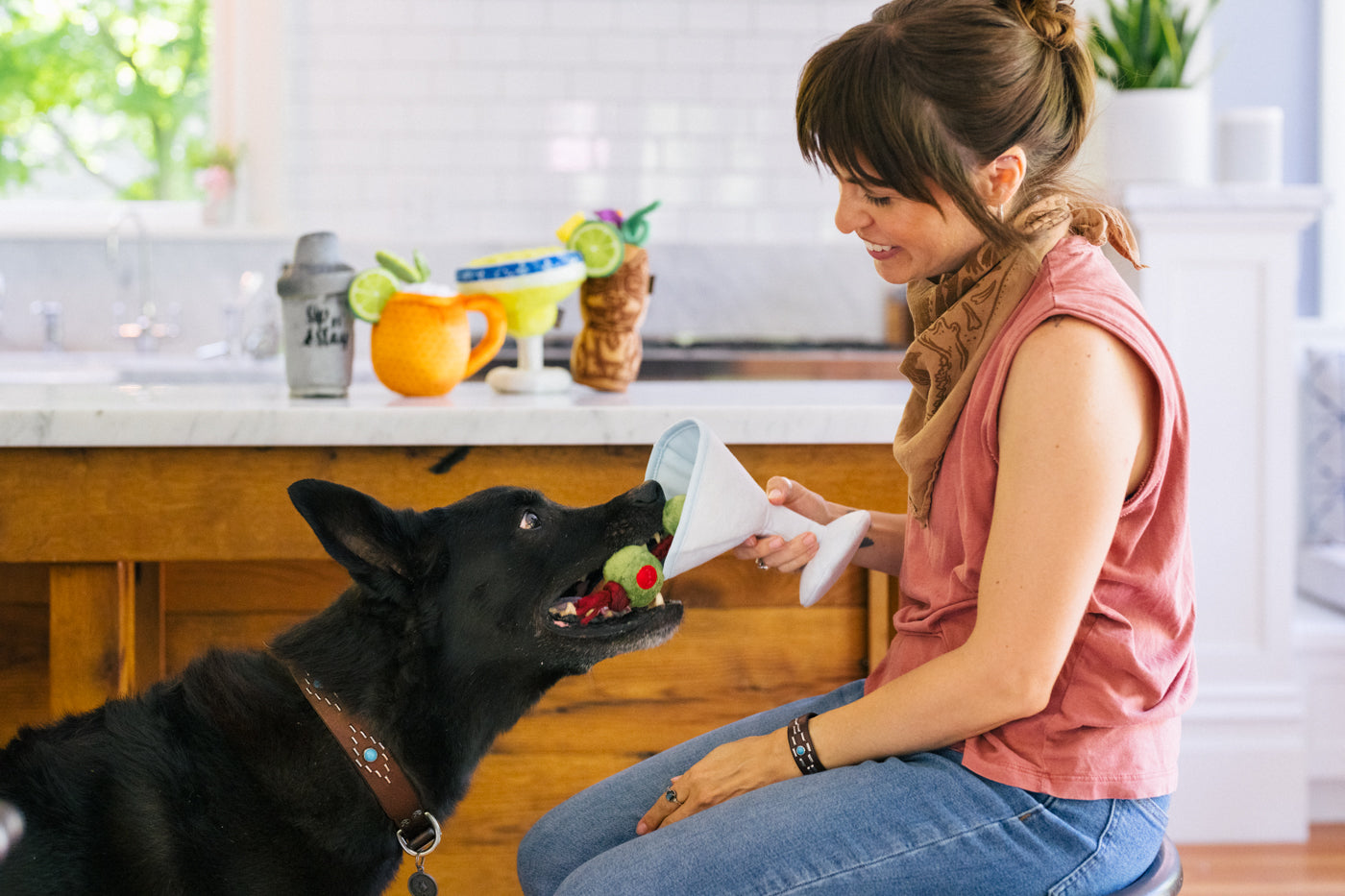 照顧者與狗狗一起拉住 Barktender 馬丁尼造型玩具